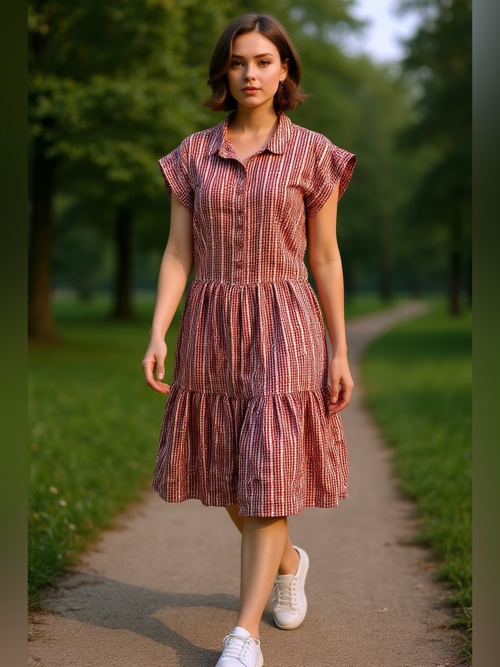 Lou & Grey for LOFT Red/Orange Striped Button-Front Tiered Cotton Dress